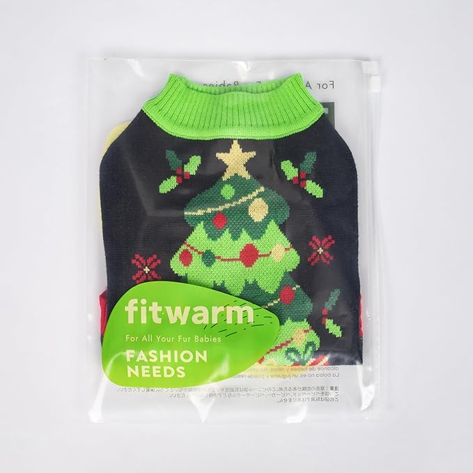 Fitwarm Christmas Tree Dog Sweater, Thermal Dog Winter Clothes for Small Dogs Boy Girl, Cozy Dog Christmas Outfit, Doggy Pullover Jumper, Holiday Pet Apparel, Black, Red, Green, Yellow, XL