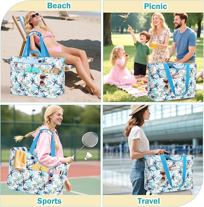 Extra Large Beach Bags for Women, Waterproof Sandproof Beach Tote Bag Zipper Foldable Swim Pool Bag with Wet Pocket