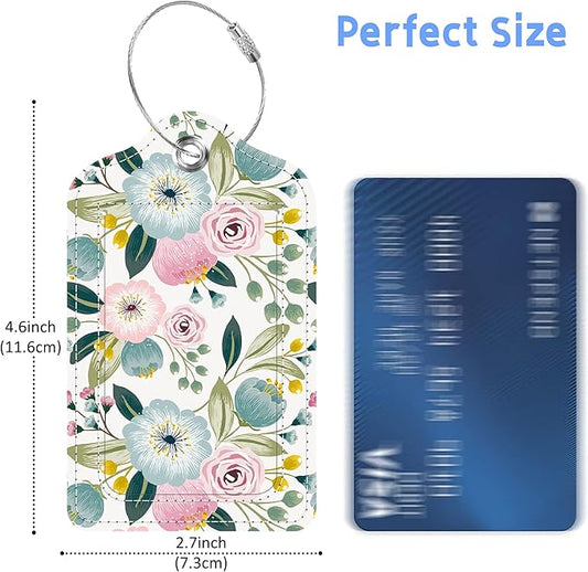 Spring Flowers Luggage Tags 2PCS PU Leather Suitcases Tag with Stainless Steel Loop and Privacy Name Address Cover Label Card for Women Men Travel