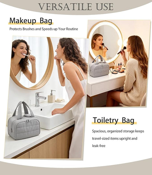 Travel Toiletry Bag for Women, Large Wide-open Puffy Cosmetic Makeup Bag with Wet-Dry Separation, Multi-Pocket Organizer with Carry Handle for Toiletries, Cosmetics, Essentials, Light Grey