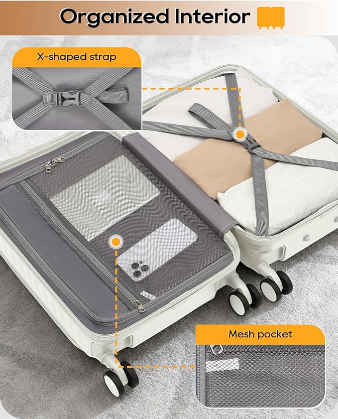 Joyway Carry on Luggage Airline Approved with Front Compartment and Cup Holder, 20 Inch Hard Shell Carry-on Suitcase with Spinner Wheels and TSA Lock for Women Men (Beige, 20 Inch)