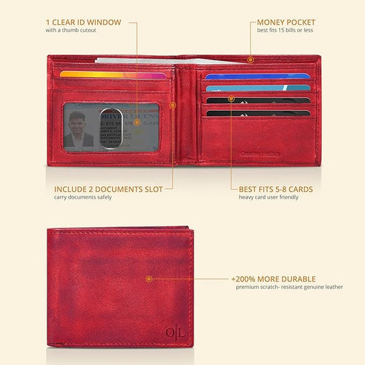 Oak Leathers Slim Leather Wallet for Men - RFID Blocking Slim Minimalist Front Pocket - Thin & Stylish with ID Window, Gift For Men (Vintage Red)