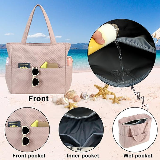 Beach Pool Bags Tote for Women Ladies Large Gym Tote Carry On Bag With Wet Compartment for Weekender Travel Waterproof