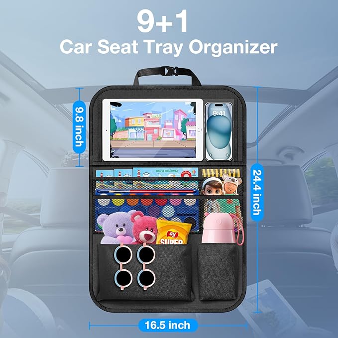 Car Backseat Organizer with Table Tray(2-Pack) 9 Storage Pockets Backseat Car Organizer and storage with Tablet Holder, Kick Mats Back Seat Cover for Kids family Road Trip Essentials Travel
