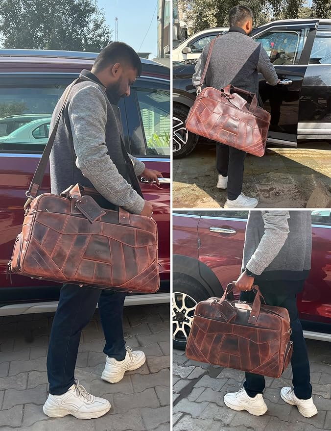 Leather Duffle Bag for Men - Travel Overnight Weekender Bag with 2 Shoe Compartment - Airplane Underseat Carry On Duffel Bag