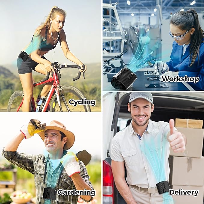 KITWLEMEN Portable Waist Fan - Personal Clip on Belt Fan, 5 Speeds 20H Cooling, Rechargeable Battery Operated, Wearable with Lanyard for Camping, Travel, Jobsite (Black)