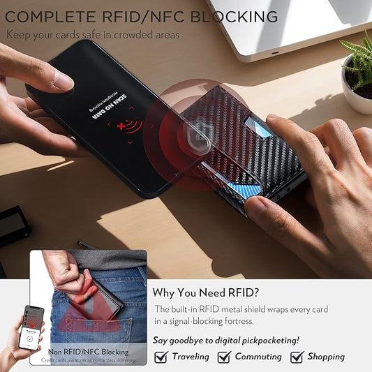 RFID Blocking Slim Wallet for Men w/Metal Pop Up Credit Card Holder & Money Clip, Minimalist Carbon Fiber Bifold Front Pocket Wallet