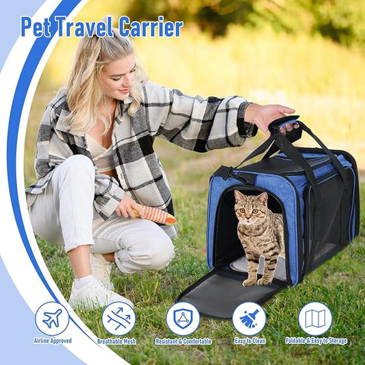 Pet Portable Travel Carrier Bag for Cats Dogs, Mesh Travel Puppy Carrier, Oxford Fabric Large Capacity Breathable Soft-Sided Animals Carrier with Mat Shoulder Strap (Blue)