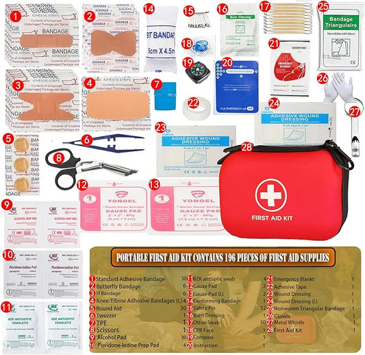 First Aid Kit 196 Piece Waterproof Hard Shell Portable Survival Kit for Home, Camping, Cars, Hiking, Travel, Outdoor, Adventure Emergency Medical Kits (Red)