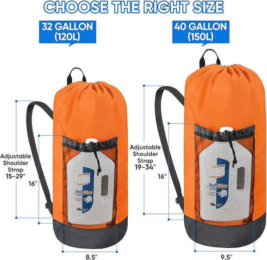 BALEINE 150L Laundry Bag Backpack, 900D Oxford Fabric Large Travel Laundry Bags with Shoulder Straps and 2 Mesh Pockets for College Dorm, Apartment, Laundromat (Orange, 150L)