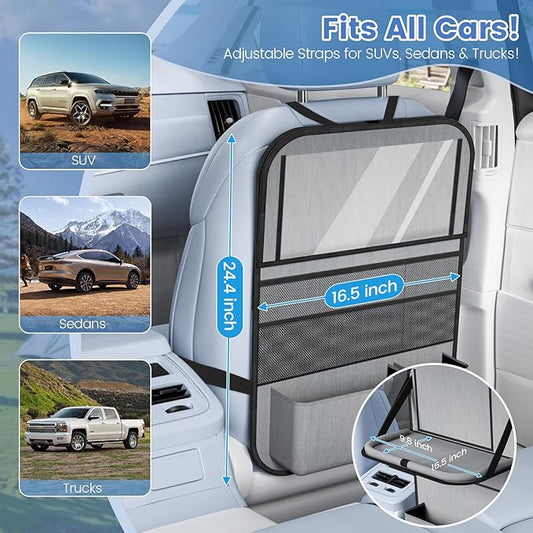 2PACK-Car Backseat Organizer with Touch Screen Tablet Holder,9 Storage Pockets Storage Organizer with Foldable Food Tray, Protector Kick Mats for Kids, Travel Accessories Organizer (Grey)