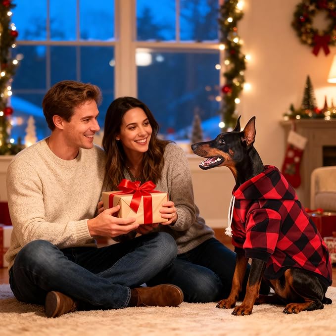 BAOBICUTE Dog Basic Hoodie Soft Dog Clothes Cold Weather Sweaters for Medium Large Dogs Cozy Fabric Warm Sweatshirt with Leash Hole (Red Plaid, M (Back: 16.54",Chest: 22.05", Neck: 16.54"))