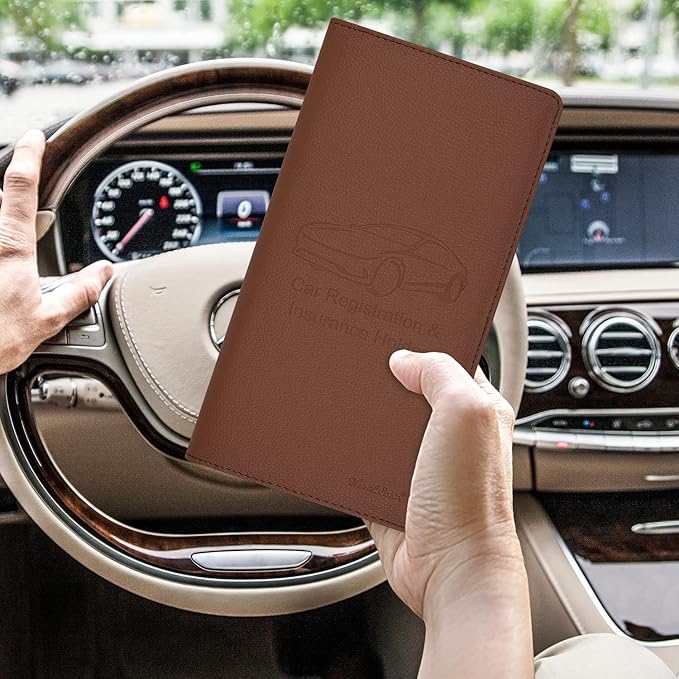 Car Insurance and Registration Holder, 9.5 x 5 Inch PU Leather Vehicle Glove Box Organizer Wallet Case for Insurance Card, Driver License, Paperwork - Brown