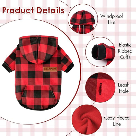 BAOBICUTE Dog Basic Hoodie Soft Dog Clothes Cold Weather Sweaters for Medium Large Dogs Cozy Fabric Warm Sweatshirt with Leash Hole (Red Plaid, S (Back: 12.6",Chest:18.11", Neck: 13.78"))