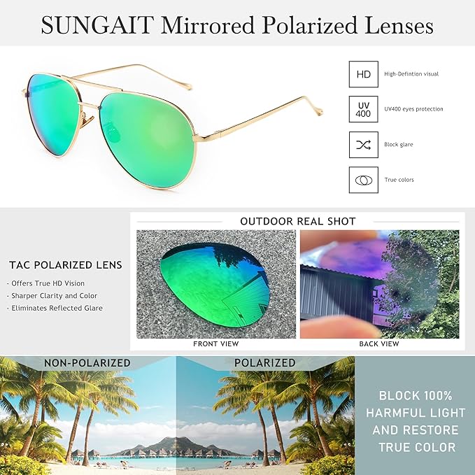 SUNGAIT Women's Lightweight Oversized Aviator Sunglasses - Classic Style Polarized Lens