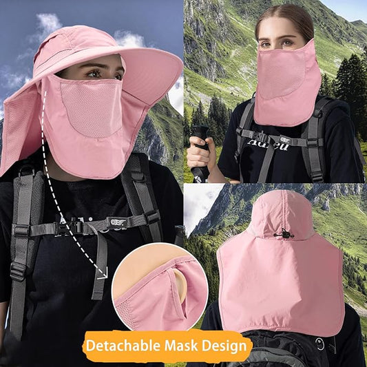 Sun Hats for Men Women Detachable Face Cover Wide Brim Fishing Hats with Neck Flap UPF 50+ Outdoor Safari Hats