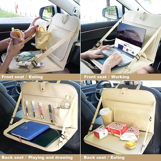 GMQ Backseat Car Organizer with Detachable Steering Wheel Tray 1 Pack,Car Back Seat Laptop Desk, Multifunctional Office Bag,Back Seat Car Storage & Tablet Holder for Kids (Beige)