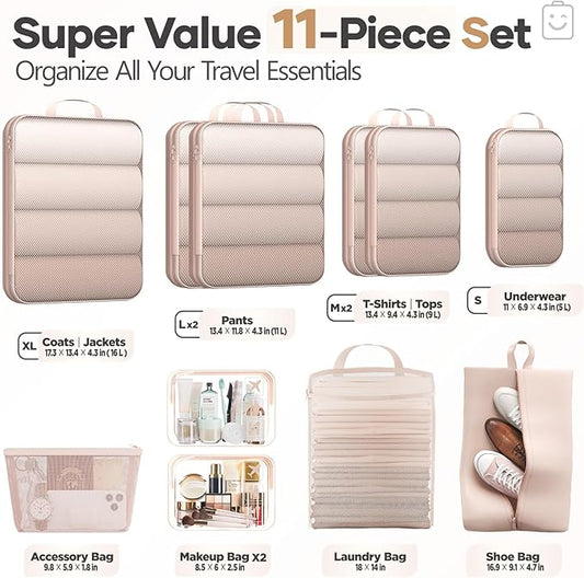 Veken 11 Set Compression Packing Cubes for Travel Essentials,Compressible Expandable Large Luggage Suitcase Organizer Bags for Clothing,Durable Space Saver Storage Bags with Toiletry Bags(Beige)