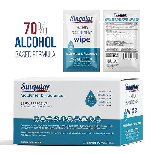 Hand Sanitizing Wipes Travel Size by Singular Wipes โ 24ct Individually Wrapped | Fresh Citrus Scent, Moisturizing, 70% Alcohol Wipes | Travel, Office, School, Home | Made in USA