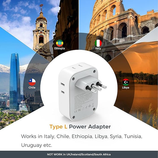 Italy Travel Plug Adapter 2 Pack, TESSAN Italy Power Adaptor with 4 Outlets 3 USB Charger (1 USB C Port), Type L Adapter for US to Chile Libya Syria Tunisia Uruguay