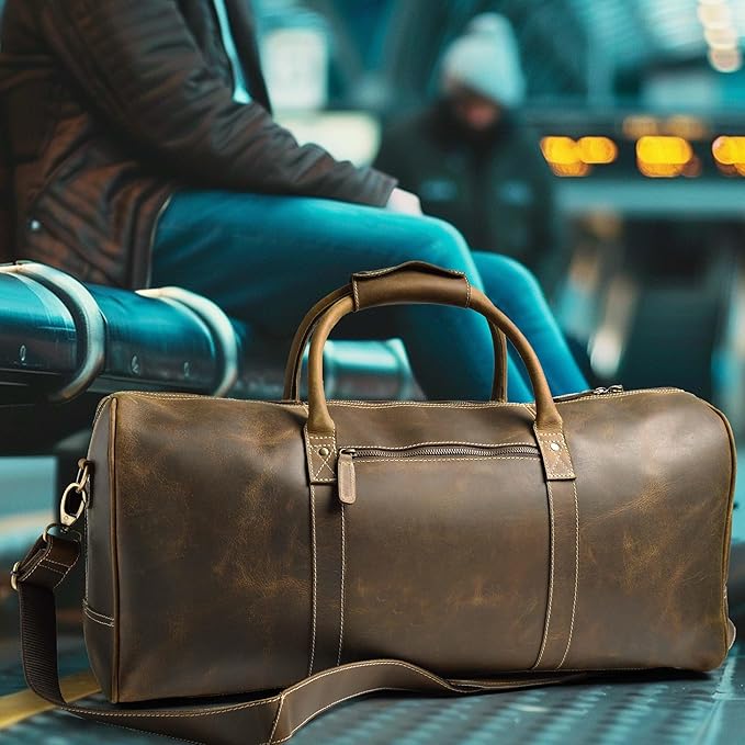 Leather Village Premium Leather Duffel Bags for Men & Women-Stylish Travel Weekender Carry-On Sports Gym Overnight Luggage Bag - 24 Inch - Olive/Army Green