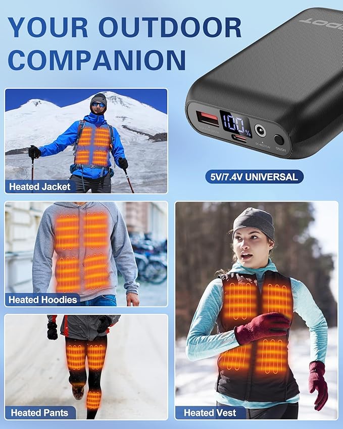 7.4V/5V 2A 16000mAh Heated Vest Battery Pack Compatible with ORORO and Venustas, NORSENN, Portable Power Bank with LED Display for ππ USB heated Vests Jacket Camping Chair Blanket(NOT for 12VοΌ