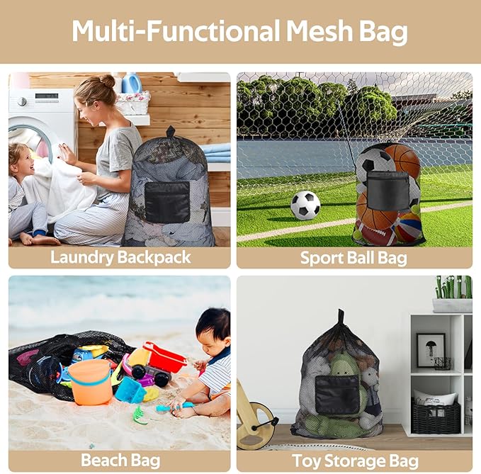 OTraki Mesh Laundry Bags 36 x 28 Inch Extra Large Drawstring Laundry Mesh Wash Bag with Shoulder Straps Heavy Duty Dirty Clothes Travel Laundry Backpack for Home College Dorm Apartment Black