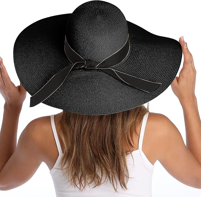 Lanzom Womens Wide Brim Straw Hat Big Floppy Foldable Roll up Cap Beach Sun Hat UPF 50+