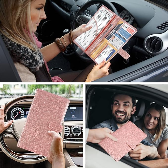 DMLuna Car Registration and Insurance Holder, Leather Vehicle Card Document Glove Box Organizer, Auto Truck Compartment Accessories for Essential Information, Driver License Cards, Glitter Rose