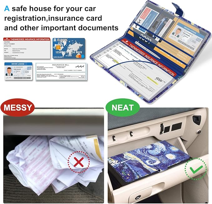 DMLuna Car Registration and Insurance Holder, Leather Vehicle Card Document Glove Box Organizer, Auto Truck Compartment Accessories for Essential Information, Driver License Cards, Starry Night
