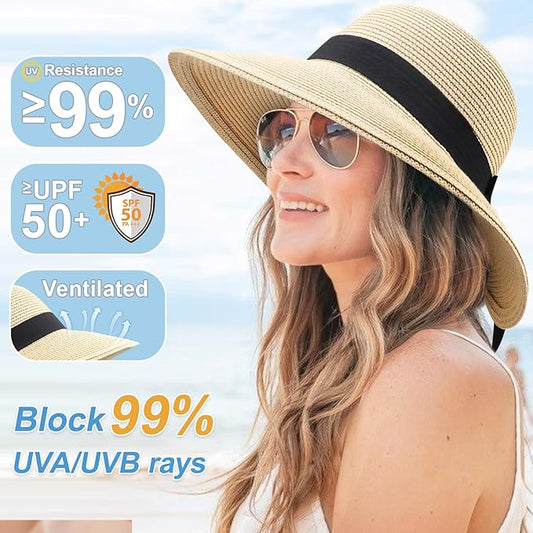 DRESHOW Sun Hats for Women Travel Fedora Foldable Beach Sun Hat Summer Wide Brim Straw Bucket Hat with Bowknot UPF 50+