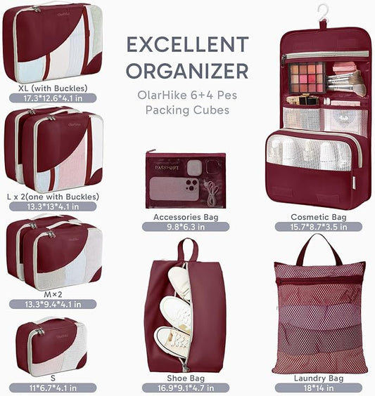 ALL INCLUDED 10 Set Durable Packing Cubes for Suitcases,OlarHike Essentials for Travel,UPGRADED Anti-Tear Stitching, NEW Improved Luggage Packing Organizers for Travel Accessories (Wine)
