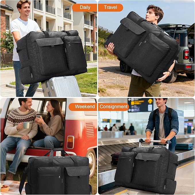 Large Travel Duffle Bag for Men Women, 80L 100L 120L Foldable Waterproof Duffle Bag, Packable Bag with Shoes Compartment for Overnight Gym Weekender Bag (Black, 80L)