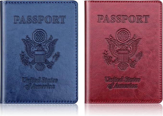 Herain Passport Holder 2Pcs, Passport Cover Wallet Case for Women Men Family, Passports Book Holders Travel Must Haves Cruise Ship Essentials (Dark Blue & Wine red)
