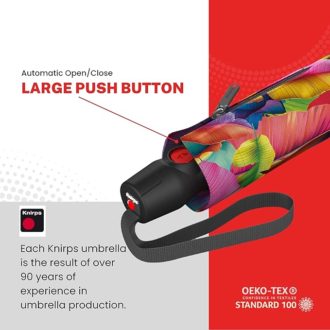 Knirps T.200 Duomatic Compact Rain Umbrella in Palm Multicolor– Wind Tunnel Tested to 93 mph, Aluminum Steel Fiberglass Frame, 38in Canopy, OEKO-TEX, High-Performance Automatic Travel Umbrellas