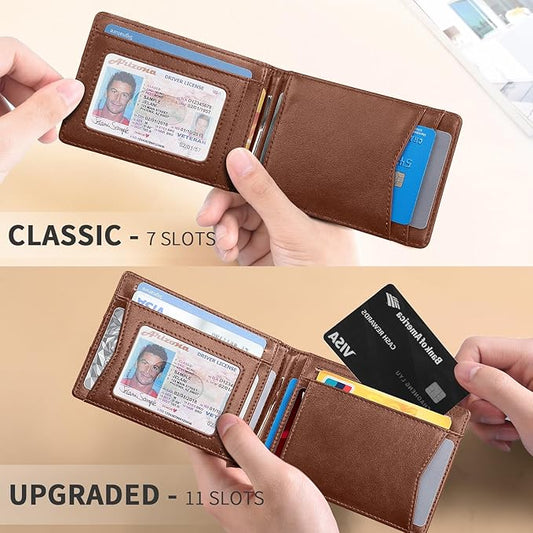 RUNBOX Slim Wallet for Men Genuine Leather RFID Blocking Bifold Minimalist Front Pocket Mens Wallet with Money Clip Thin Gift Box