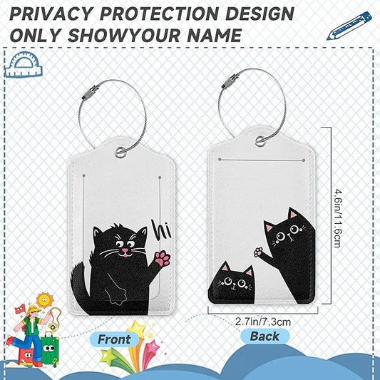 2 Pack Luggage Tag for Suitcase, Funny Black Cat Leather Bag Tags Identifiers Privacy Cover ID Label with Durable Steel Loop for Women Men Kids Girls Travel