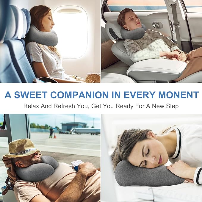 Travel Pillow - Memory Foam Cervical Neck Pillow for Adults, Kids, Children, Convenient & Portable U Shaped Pillows, Airplane Pillow for Home, Office, Camping, Travelling, Sleeping (Gray)