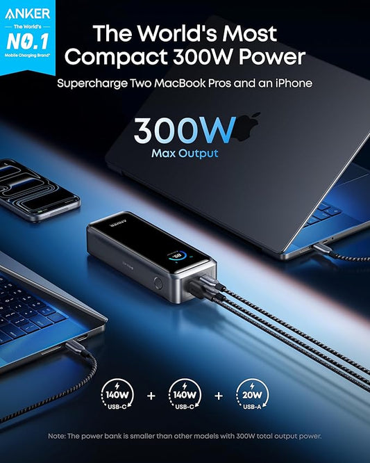Anker Prime Power Bank, 26,250mAh 3-Port Portable Charger with 300W Max Output, Two-Way Charging, TSA-Approved, App Control, for MacBook, iPhone 17/16 Series, and More (Base Not Included)