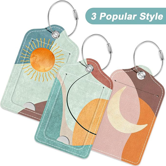 Rimilak 3 Pcs PU Leather Luggage Tags for Suitcase, Travel Cruise Luggage Tag with Privacy Flap, Name ID Label and Metal Loop for Women Men Baggage Handbag School Bag Backpack, Day and Night