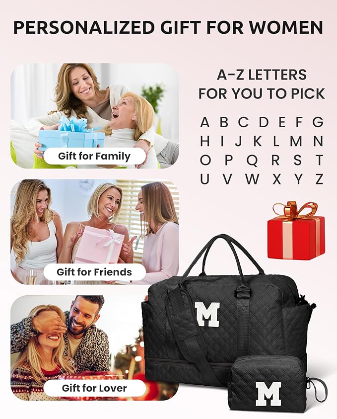 Vogewood Teens' Birthday Gifts - Initial Duffle Bag with Separated Shoe Compartment, Weekender, Overnight & Travel Bag - Letter M