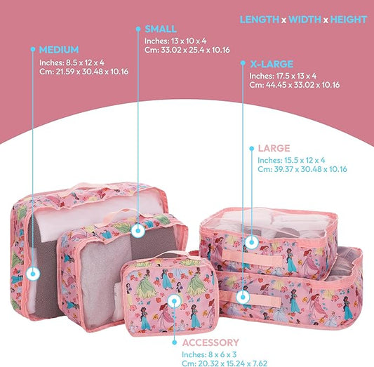 Disney Minnie Mickey Stitch Packing Cubes - Winnie the Pooh, Princess Cinderella, Cars, Toy Story 5 Piece Packing Cubes Compression - Travel Essential - Luggage Suitcase Organizer Set