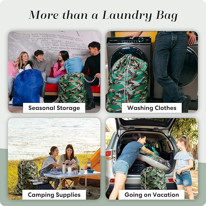 Nylon Laundry Bag - Locking Drawstring Closure and Machine Washable. These Large Bags will Fit a Laundry Basket or Hamper and Strong Enough to Carry up to Three Loads of Clothes. (Camouflage)