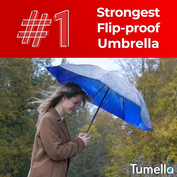 TUMELLA Flip-proof Inverted Travel Umbrella, Small Strong but Light Portable and Automatic Reverse Folding Rain Umbrella, Durable Premium Grip, Fits Car & Backpack