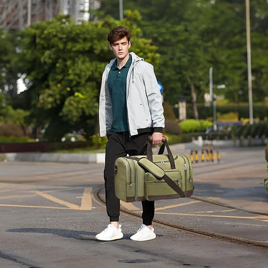 Wolhbege Duffle Bag for Travel,Mens Travel Bag & Carry On Bag for Men with Expandable Design and Luggage Sleeve –Duffel Bag for Gym, Weekender,Canvas,Overnight Trips Green