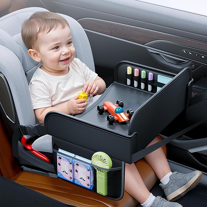 Kids Travel Tray - PU Leather Kids Travel Tray for Car Seat, Desk Organizer Lap Table Stand Holder for Tablet Laptop Cup Snack Airplane Bed Carseat Portable Activity