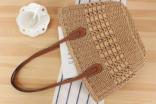 Womens Straw Tote Handbag - Summer Beach Bag with Top Handle - Handwoven Shoulder Bag - 2024