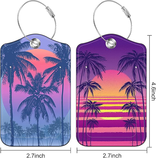 2 Pack Luggage Tag for Suitcase Sunset with Palm Trees Leather Suitcase Tags with Privacy Name ID Label and Stainless Steel Loop for Travel Bag
