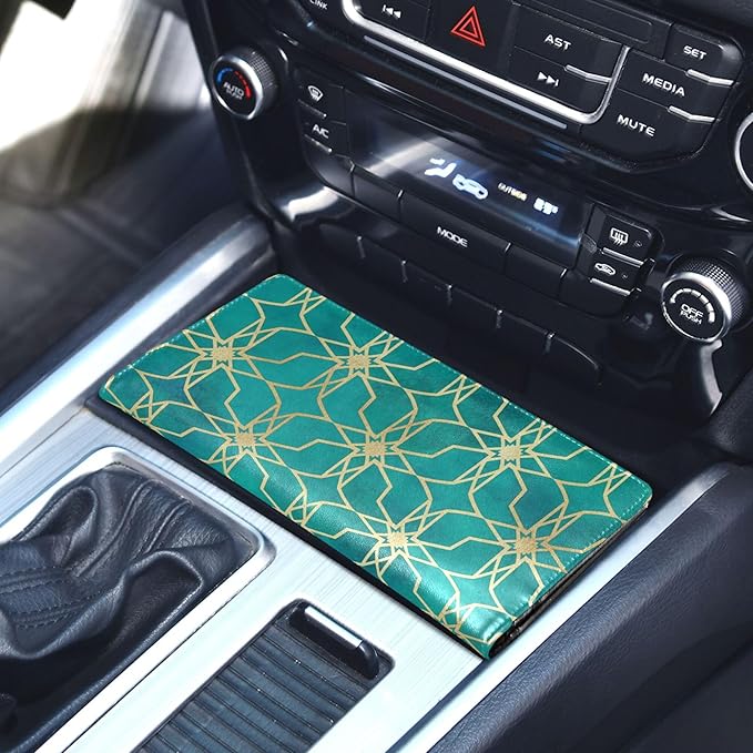 linqin Car Registration and Insurance Card Holder, Golden Teal Pattern Glove Box Organizer Card Document Wallet