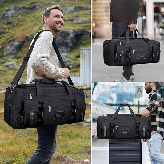 WITZMAN Duffle Bag for Men Large Carry On Weekender Bag 54L Nylon Duffle Gym Bags for Travel with Shoes Compartment(B717 Black)